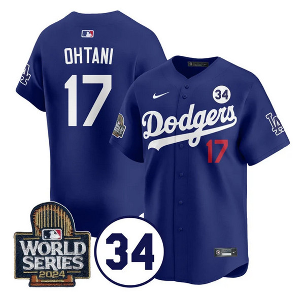 Los Angeles Dodgers #17 Shohei Ohtani Royal 2024 World Series With No. 34 Patch Cool Base Stitched Jersey - Click Image to Close